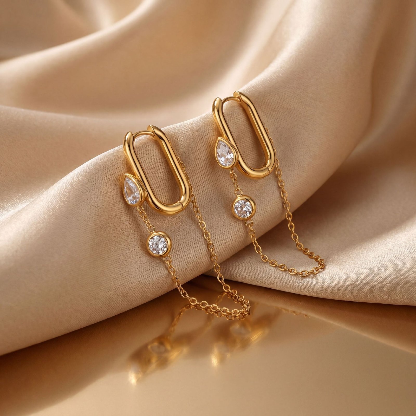 Oval Hoop Zircon Chain Drop Earrings - Image 5