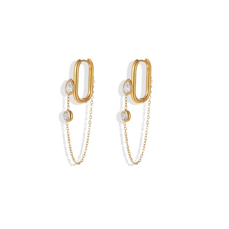 Oval Hoop Zircon Chain Drop Earrings