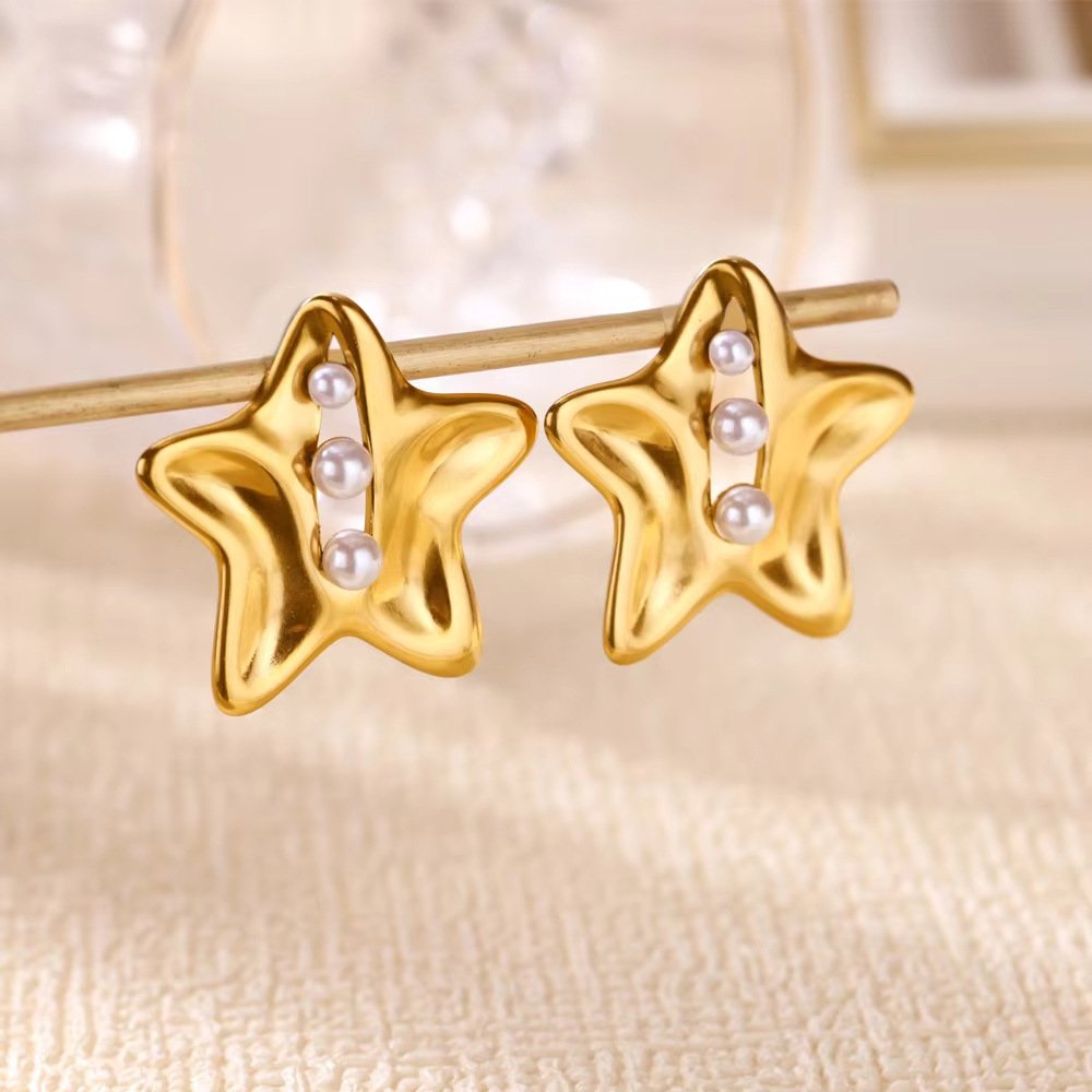 Puffy Star Pearl Bead Stud Earrings - Image 2