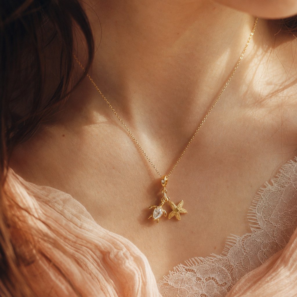 Sea Turtle & Starfish Zircon Charm Necklace - Image 3