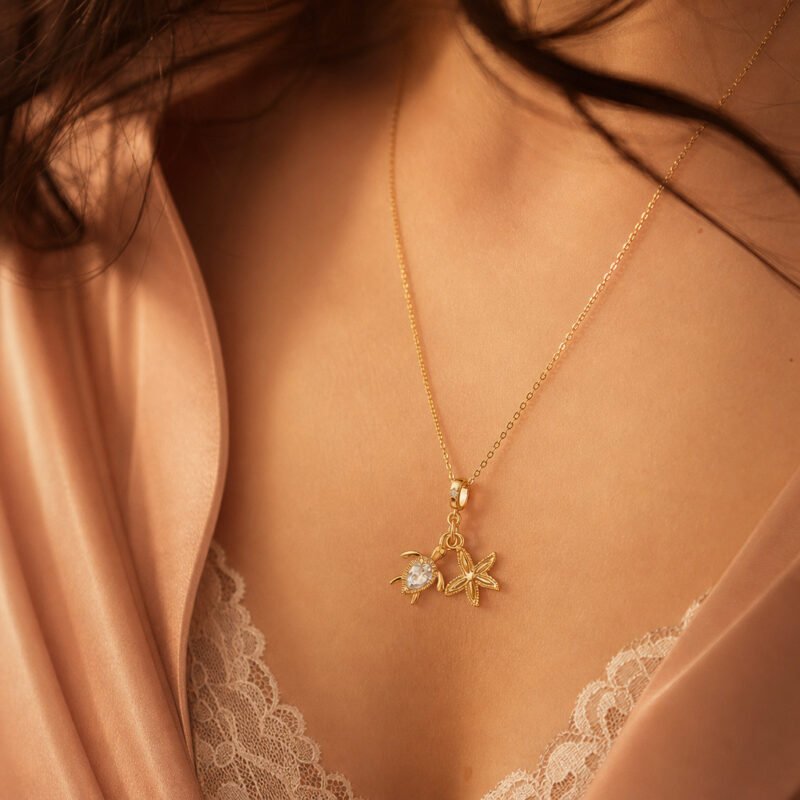 Sea Turtle & Starfish Zircon Charm Necklace