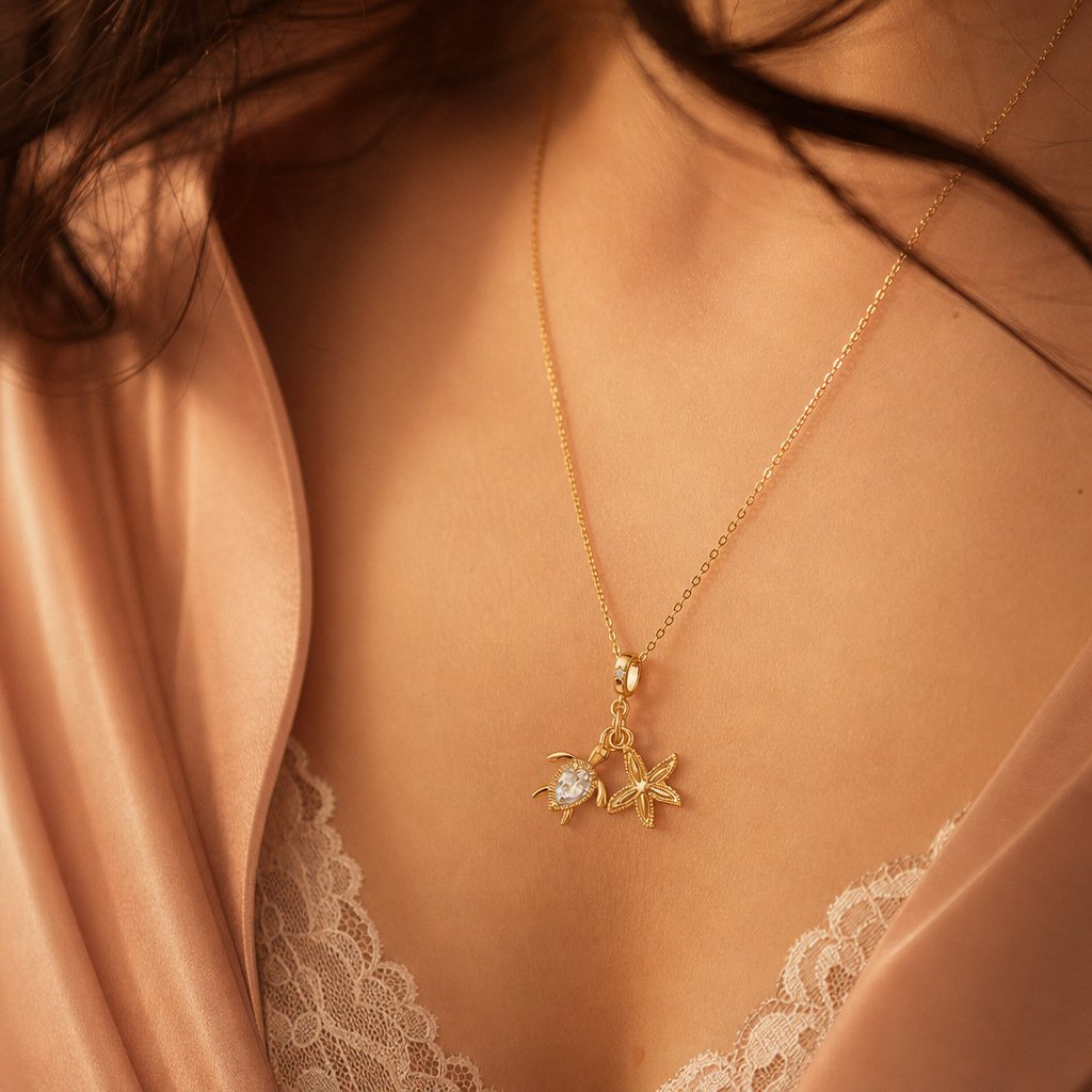 Sea Turtle & Starfish Zircon Charm Necklace - Image 2