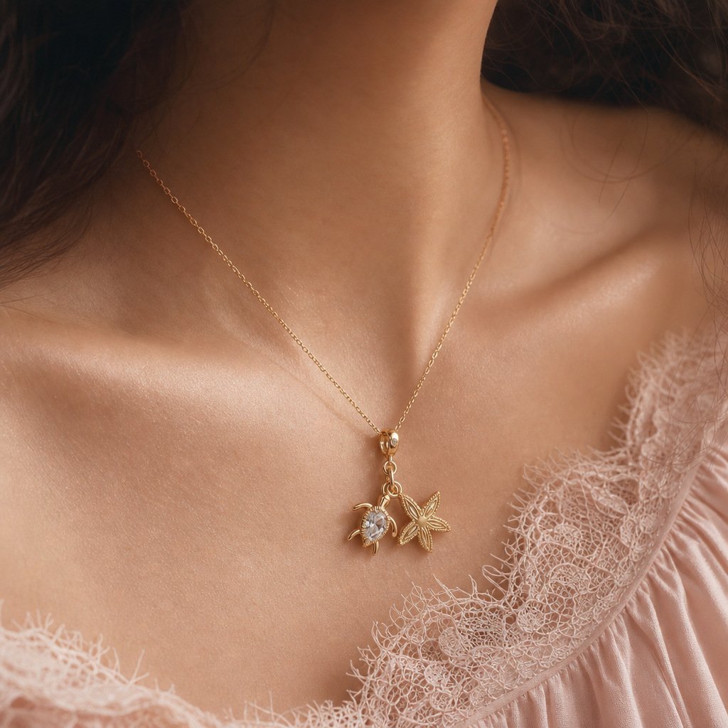 Sea Turtle & Starfish Zircon Charm Necklace - Image 4
