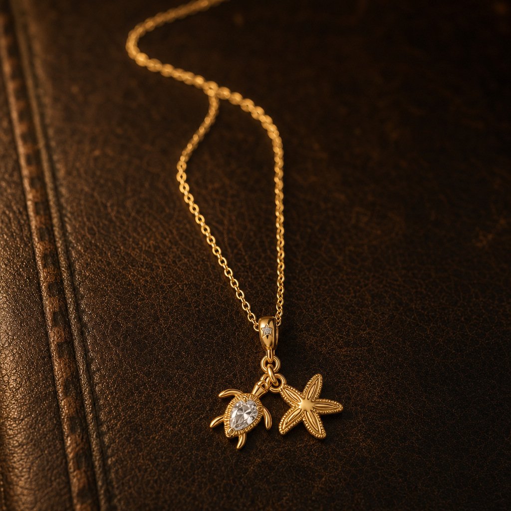Sea Turtle & Starfish Zircon Charm Necklace - Image 5