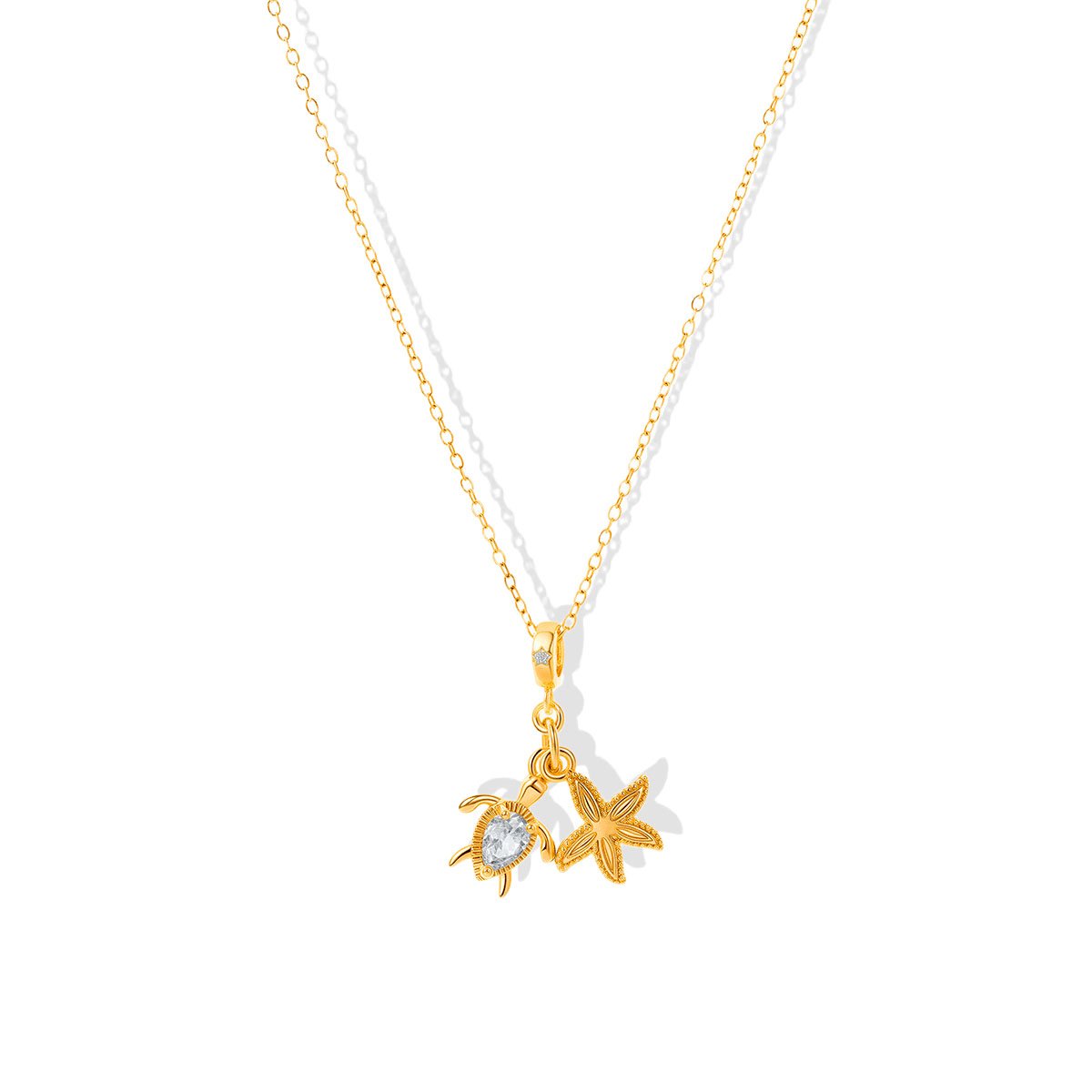 Sea Turtle & Starfish Zircon Charm Necklace