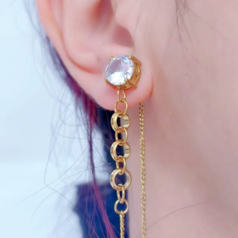 Solitaire Zircon Double Chain Tassel Drop Earrings