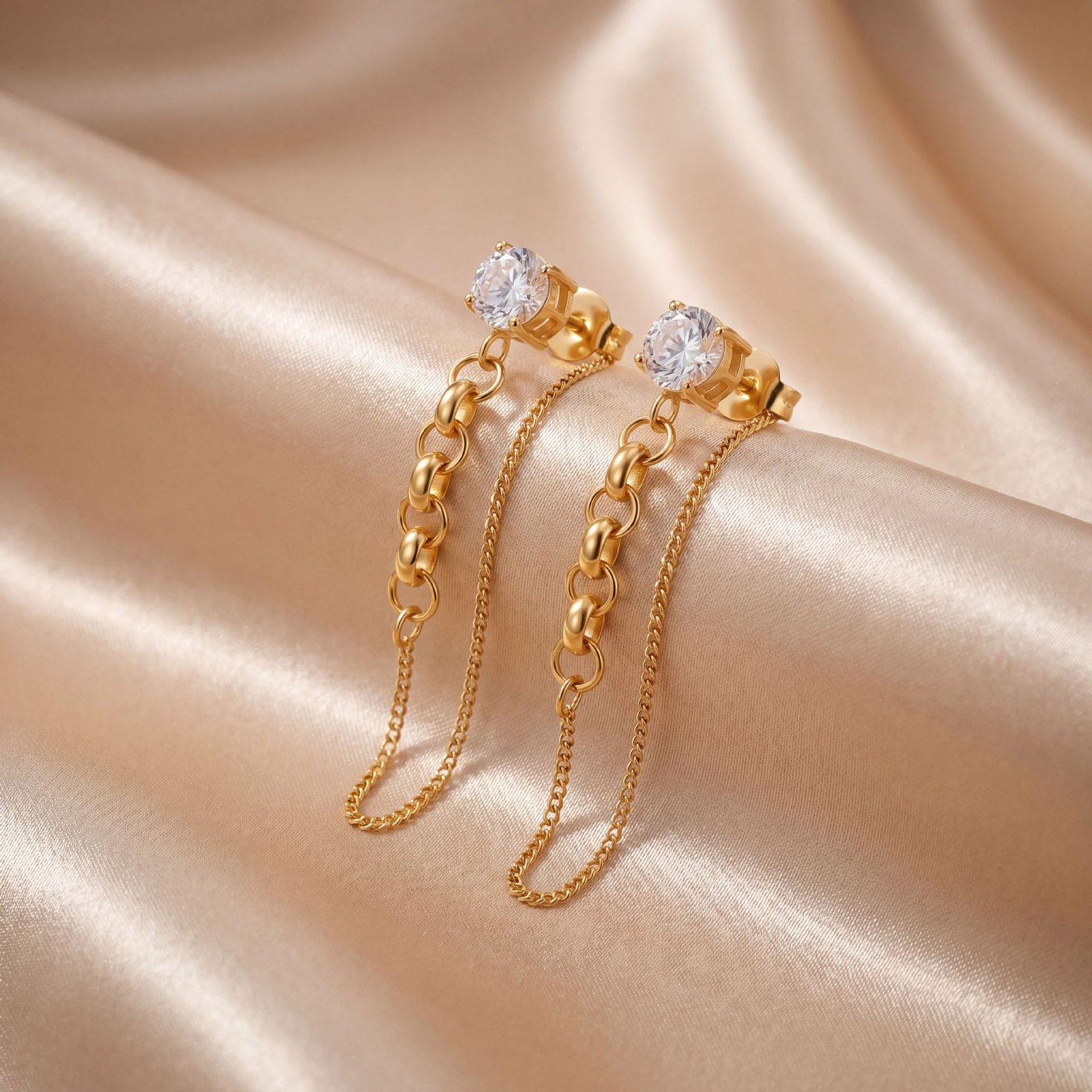 Solitaire Zircon Double Chain Tassel Drop Earrings - Image 3