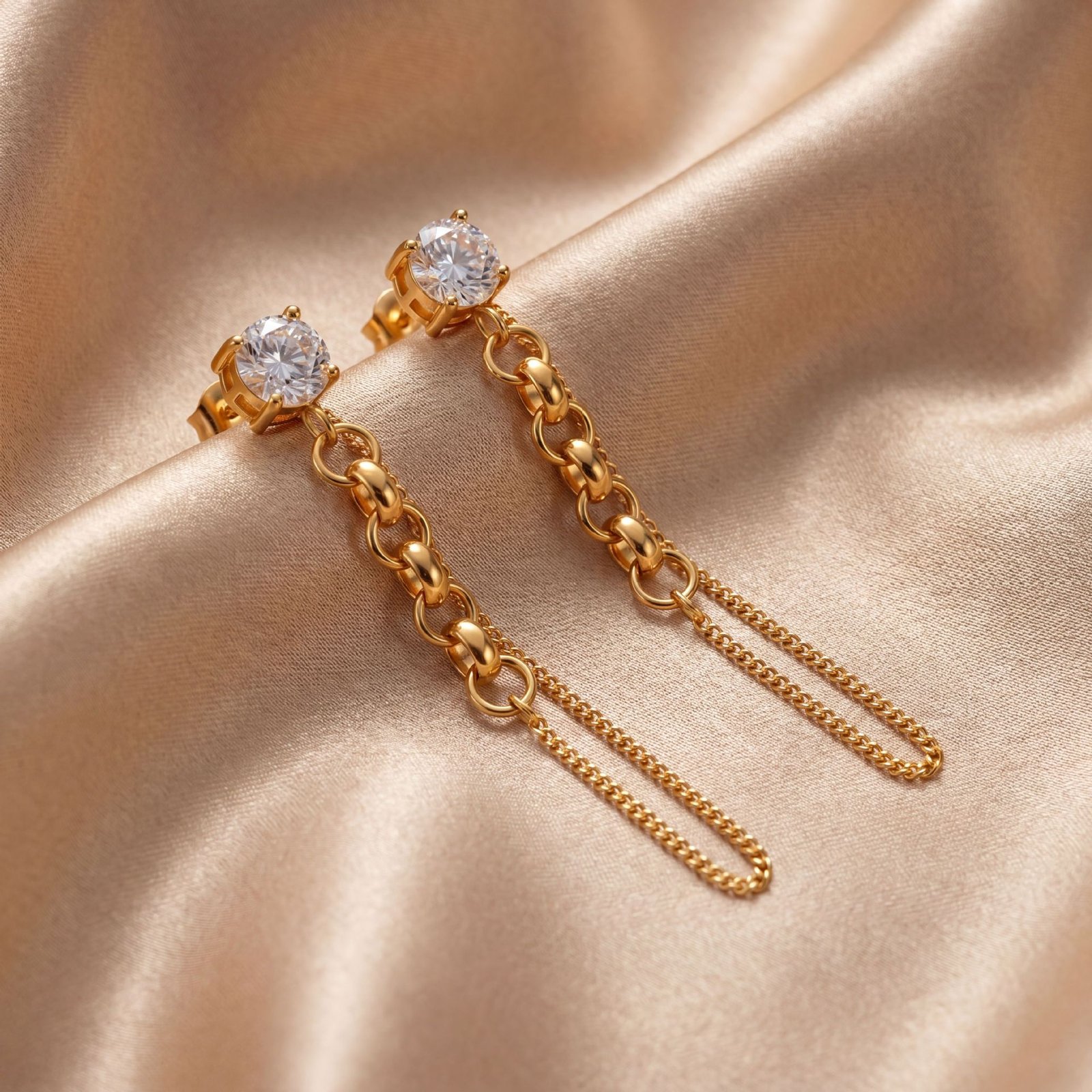 Solitaire Zircon Double Chain Tassel Drop Earrings - Image 4