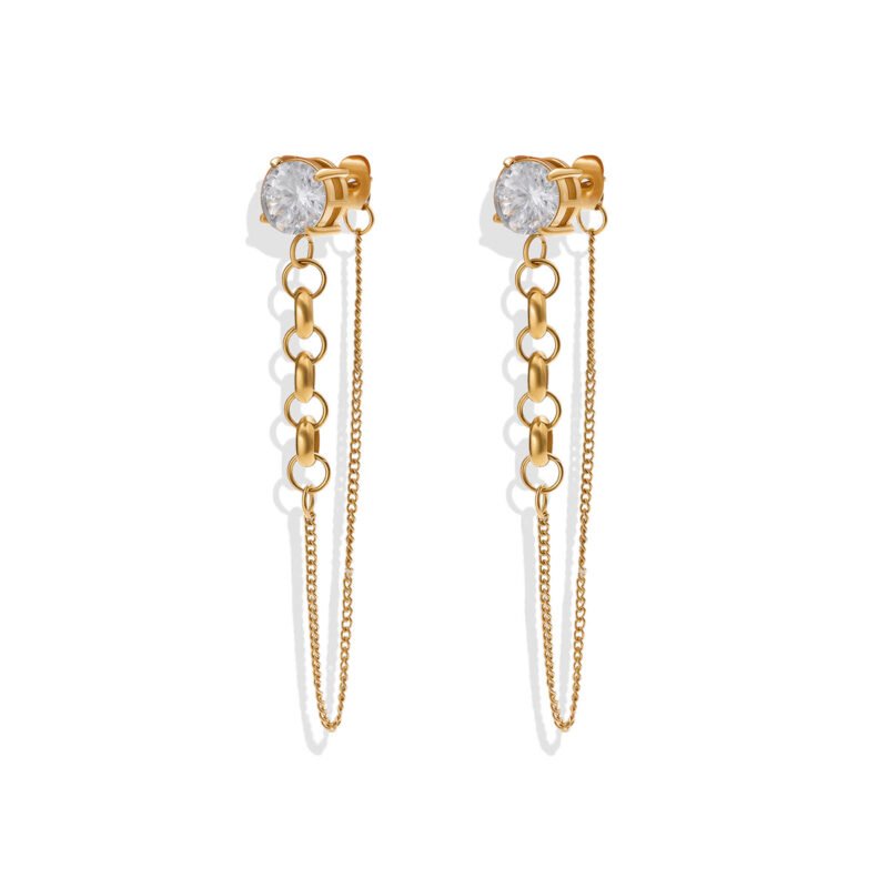 Solitaire Zircon Double Chain Tassel Drop Earrings
