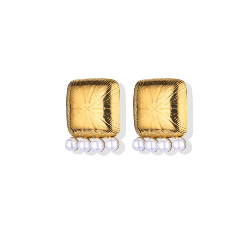Starburst Puff Square Pearl Fringe Stud Earrings