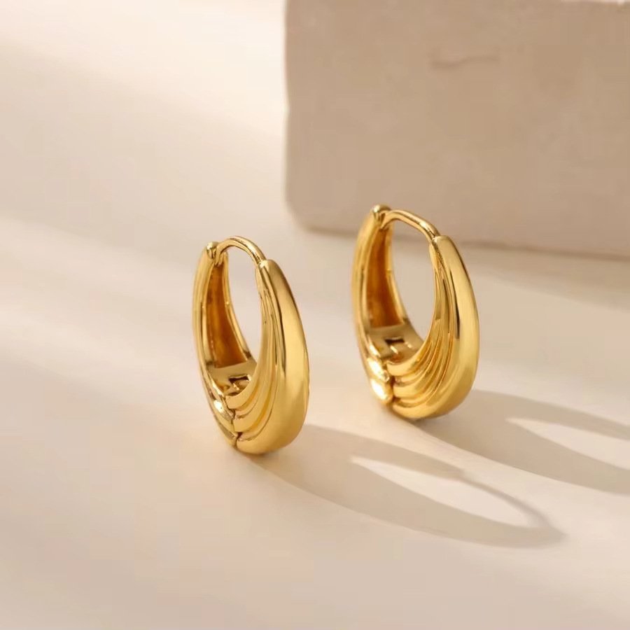 Triple Groove Chunky Oval Hoop Earrings - Image 2