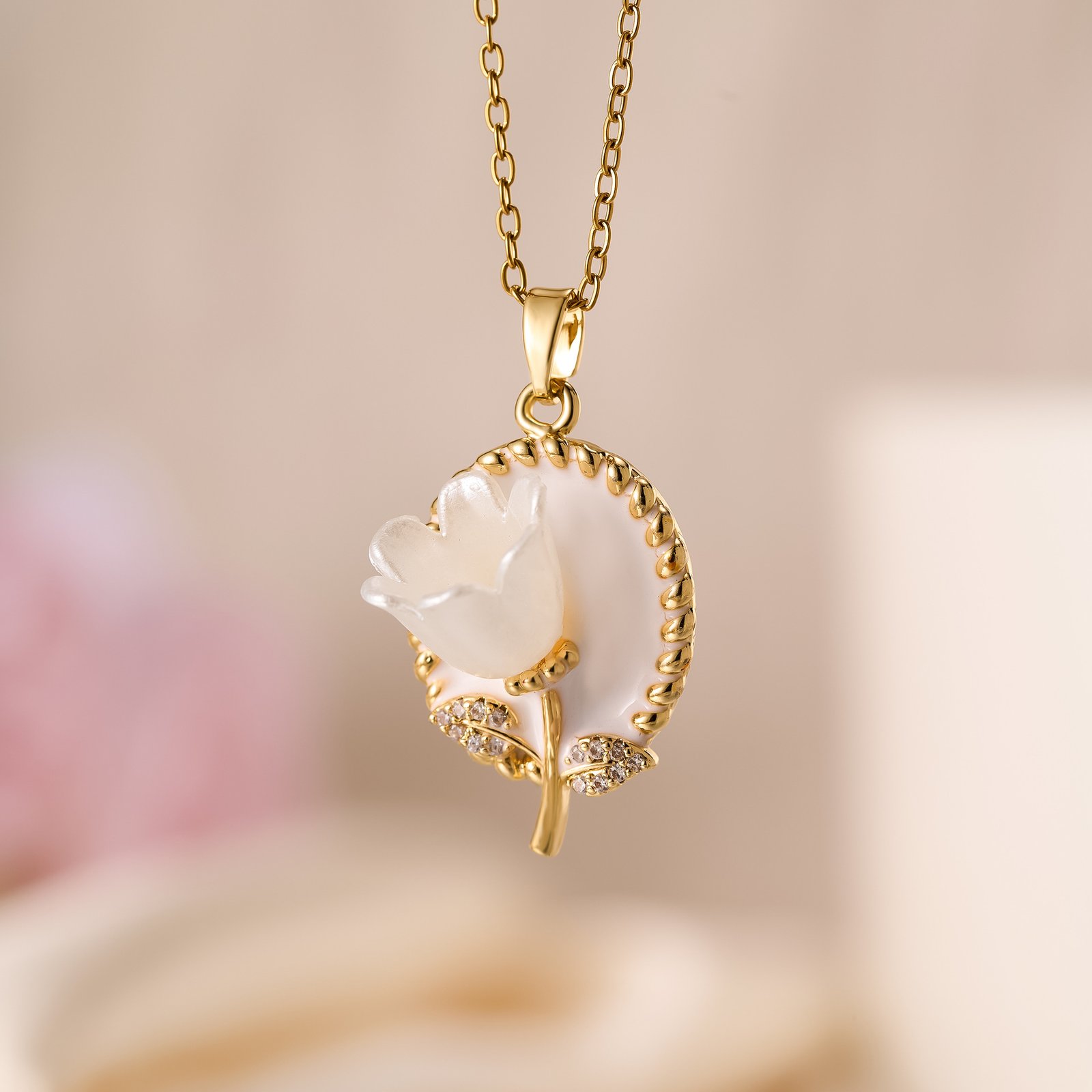 White Tulip Medallion Necklace - Image 2