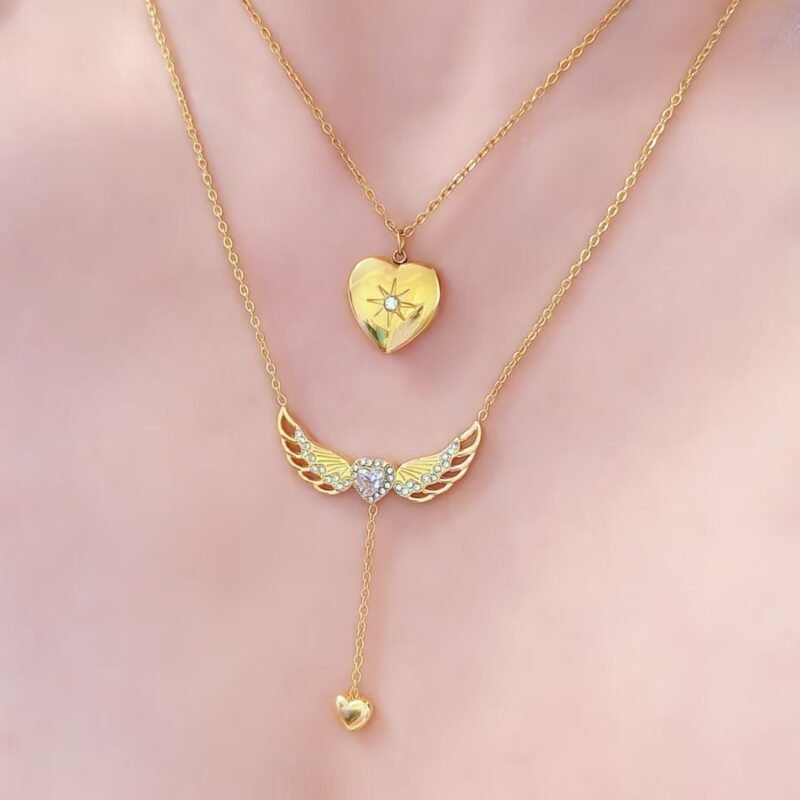 Angel Wings Drop Heart Necklace
