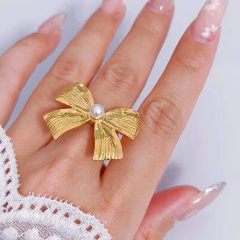 Golden Pearl Bow Ring