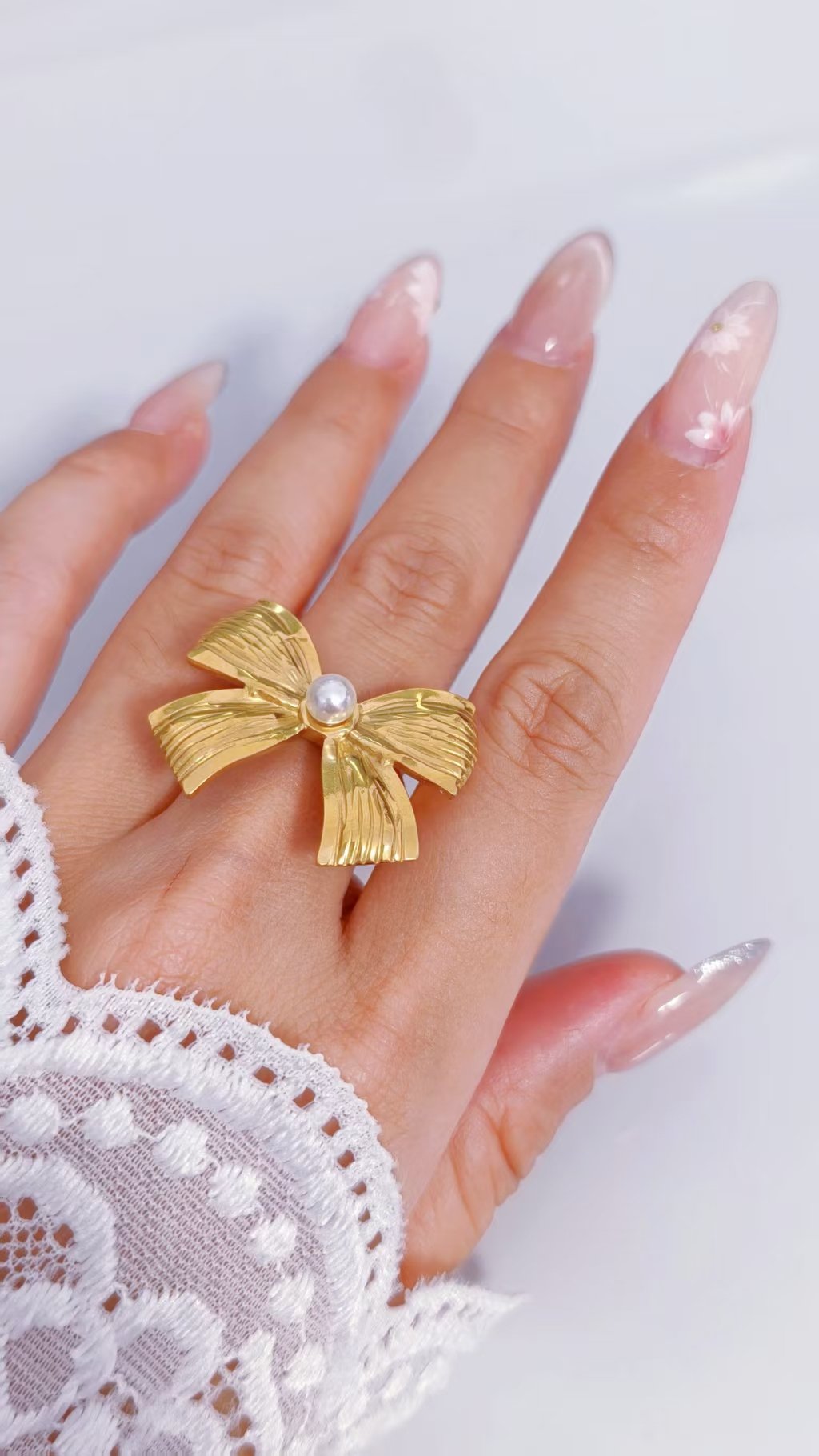 Golden Pearl Bow Ring - Image 2