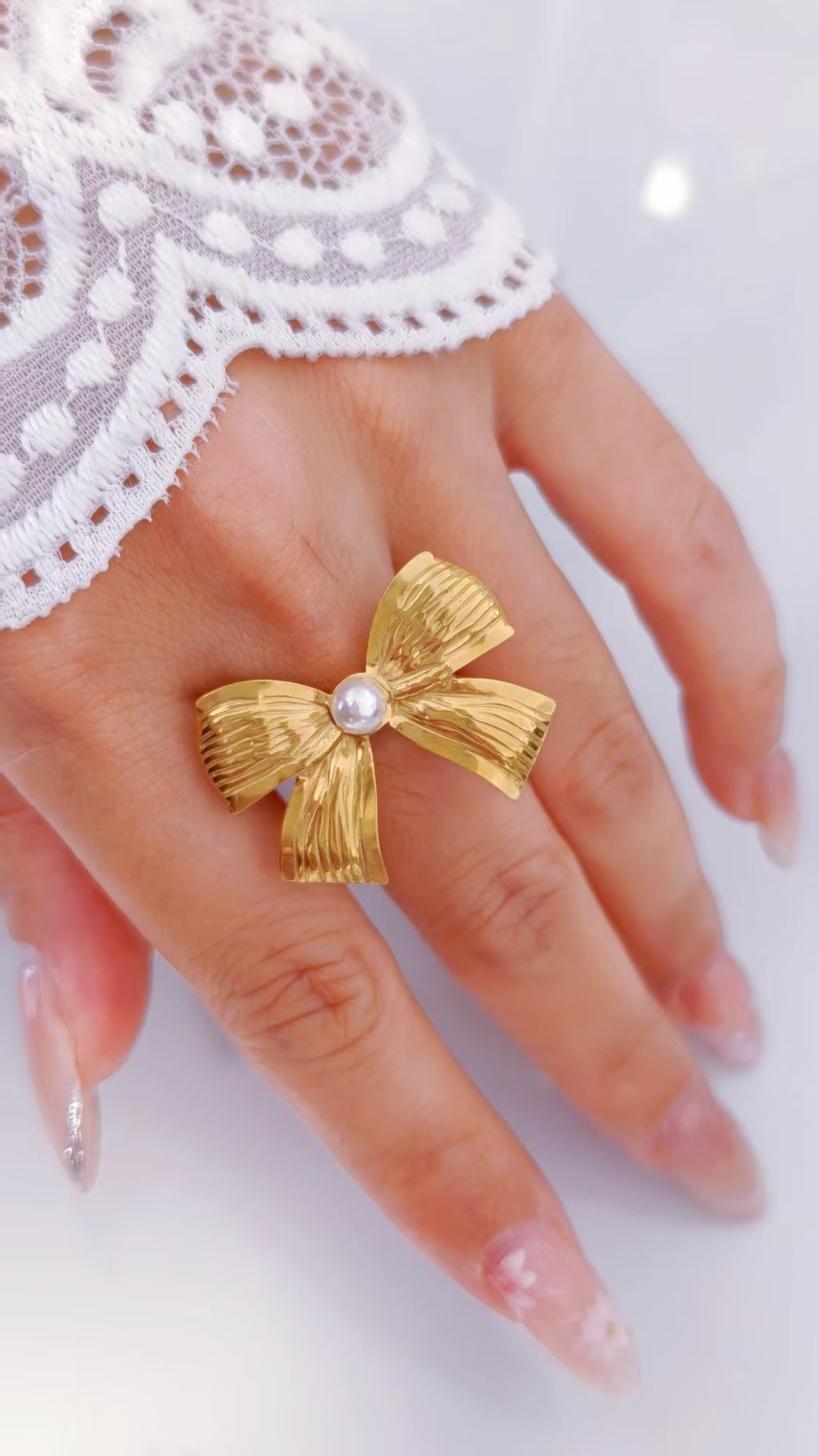 Golden Pearl Bow Ring - Image 3