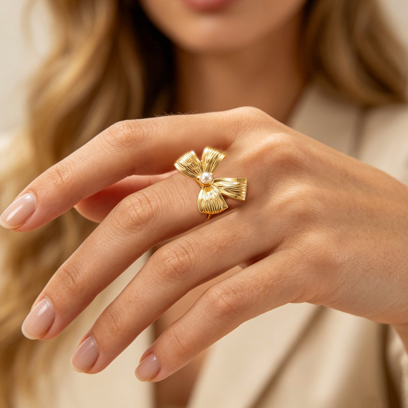 Golden Pearl Bow Ring - Image 4