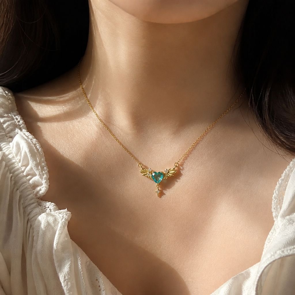 Winged Aqua Heart Necklace - Image 4