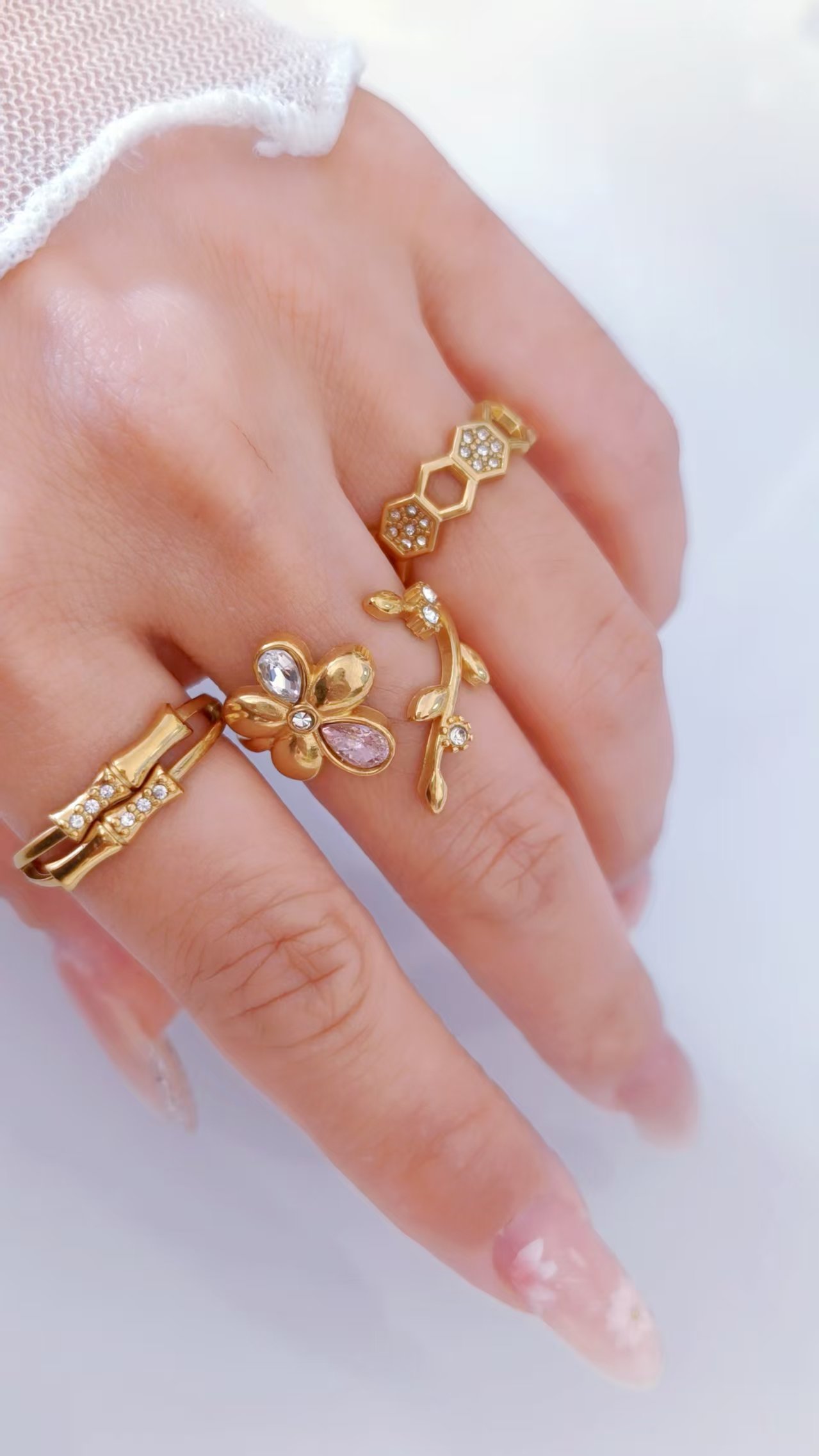 Botanical Vine Crystal Flower Ring - Image 2