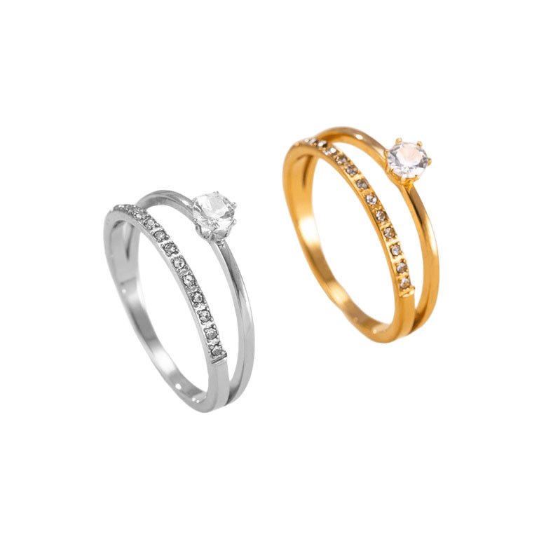 Double Line Solitaire Stack Ring