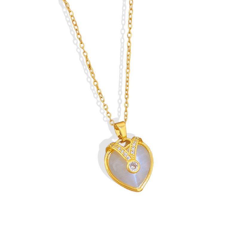 Pearl Heart Crown Cat's Eye Pendant Necklace