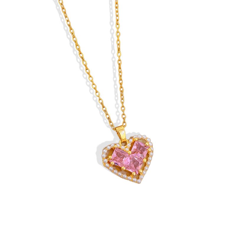 Pearl-Kissed Heart Pink Crystal Necklace