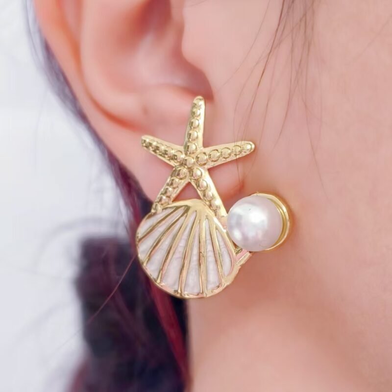 Starfish Shell Pearl Stud Earrings