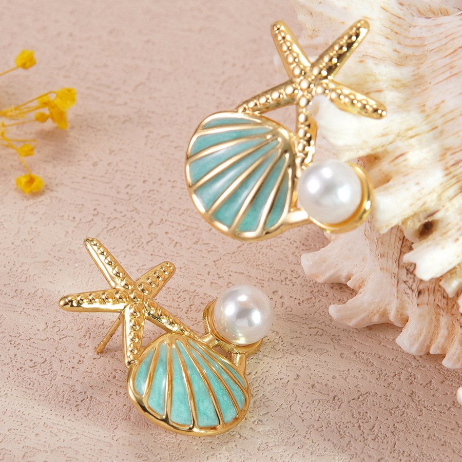 Starfish Shell Pearl Stud Earrings - Image 7