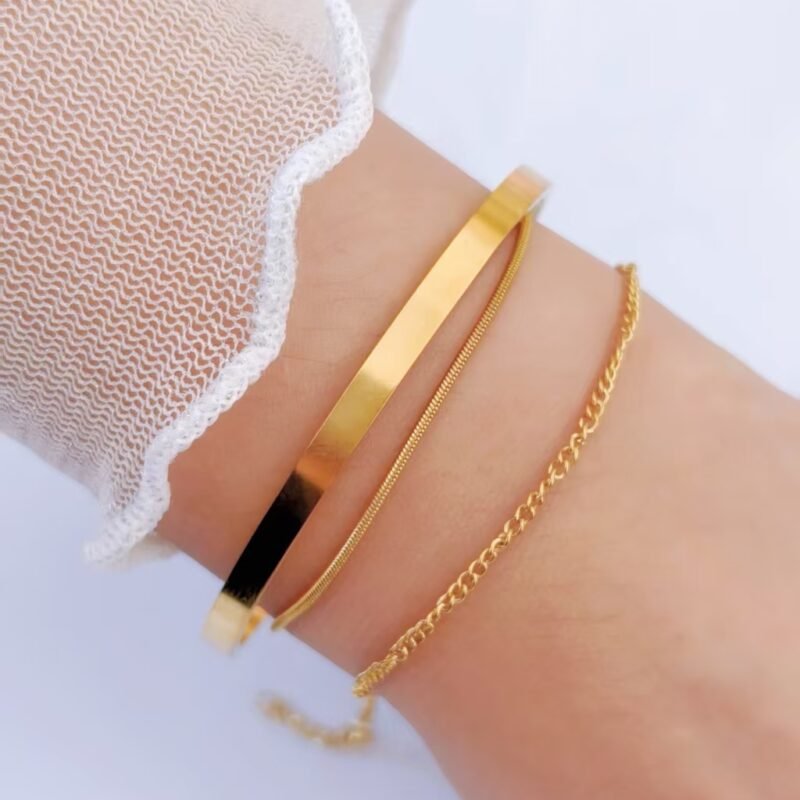 Triple Stack Bangle & Chain Layered Bracelet