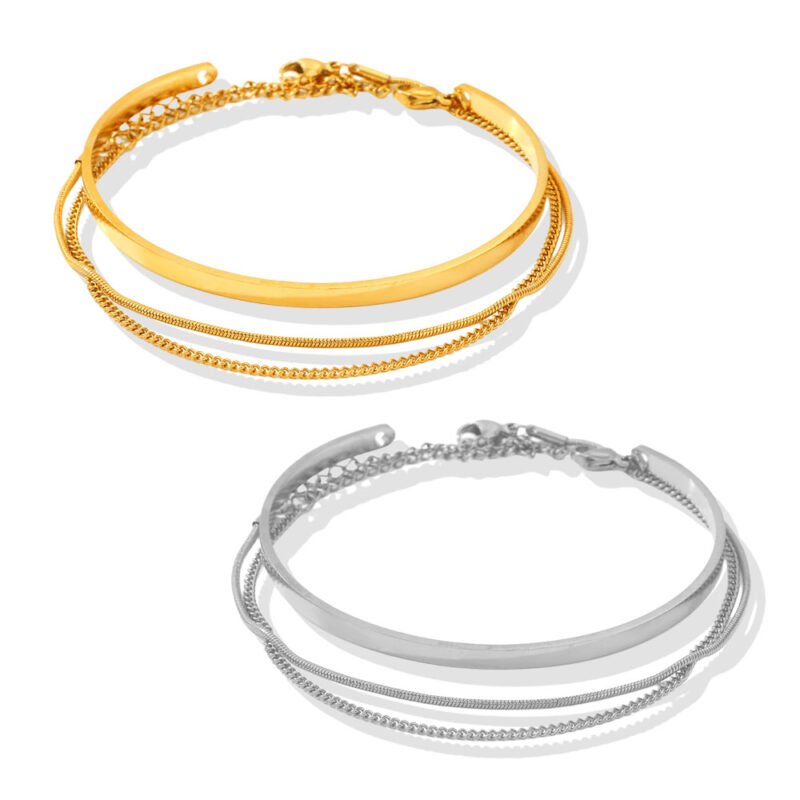 Triple Stack Bangle & Chain Layered Bracelet