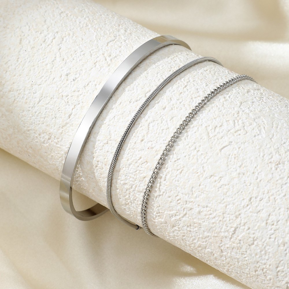 Triple Stack Bangle & Chain Layered Bracelet - Image 6