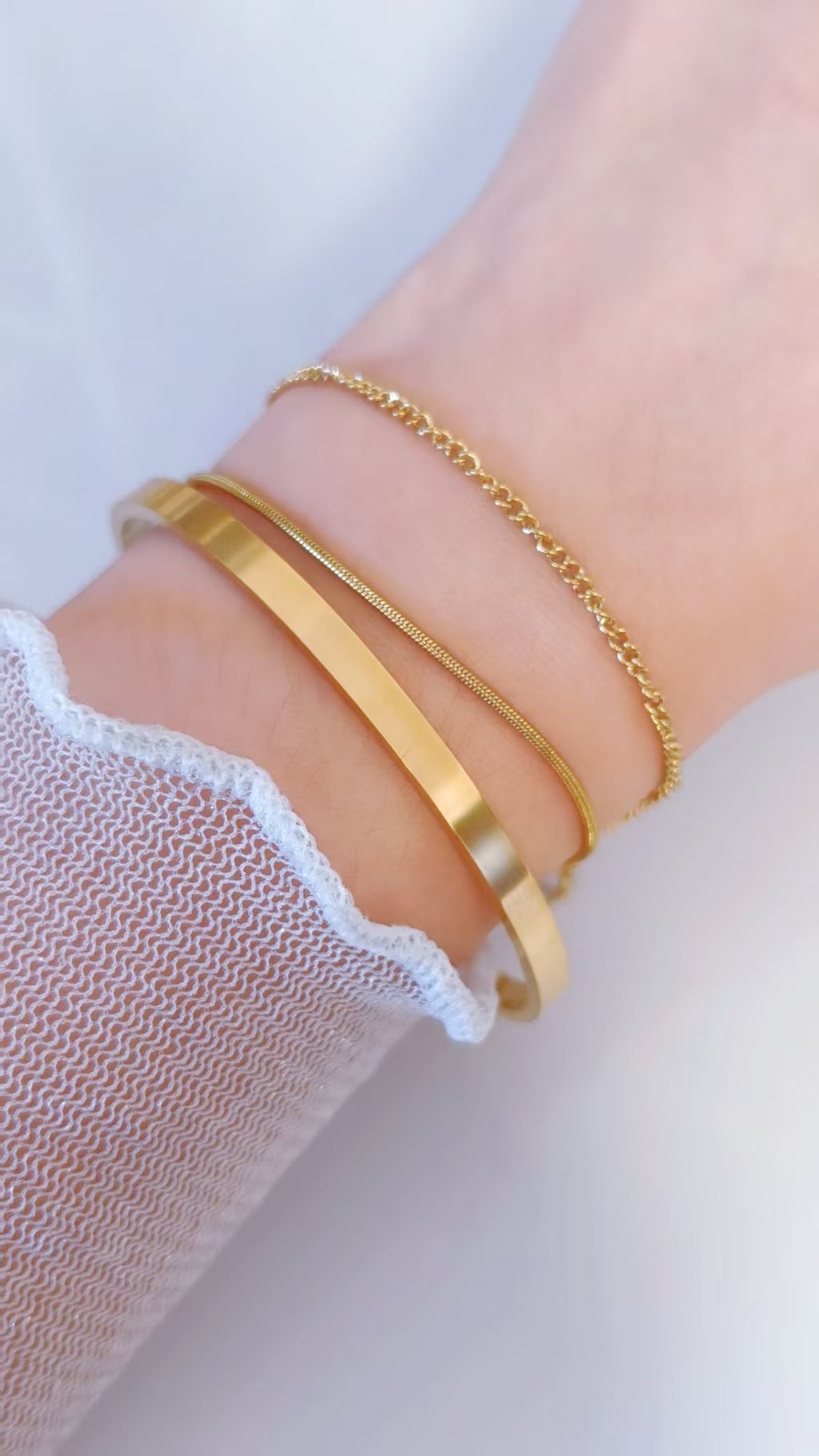 Triple Stack Bangle & Chain Layered Bracelet - Image 3